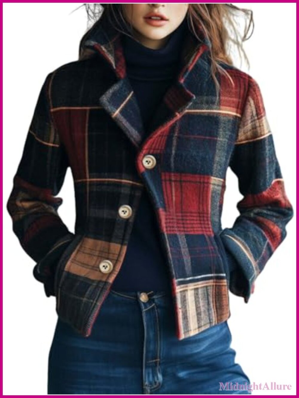 CHARTOU Women's Plaid Wool Blend Crop Pea Coat Blazer Jacket Button Down